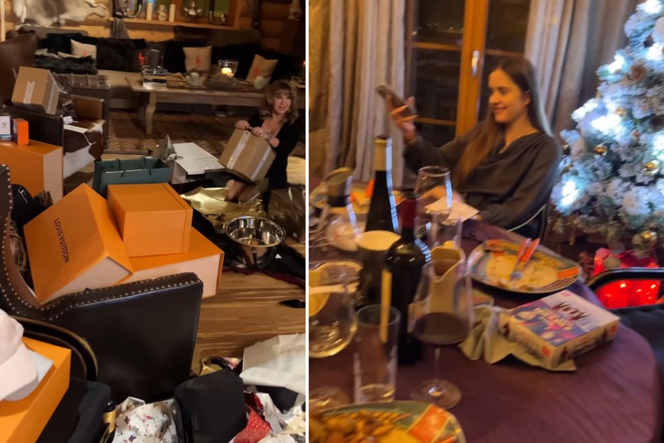 Carmen Geiss (56) sitzt in einem Meer voller Geschenke, während Tochter Davina (18) alles mit dem Handy dokumentiert. (Fotomontage)
