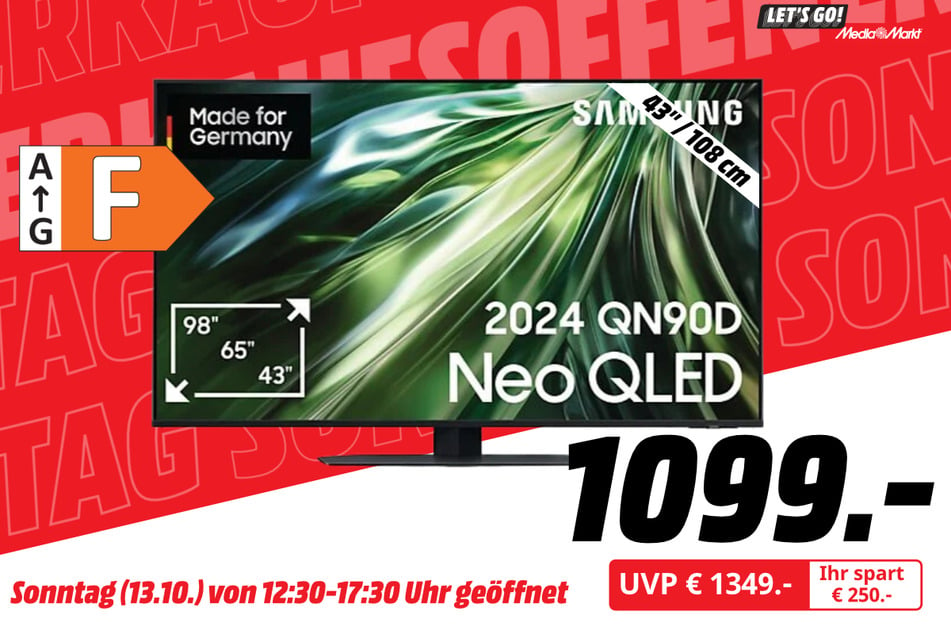 43-Zoll Samsung-Fernseher GQ43QN90D 
für 1.099 statt 1.349 Euro.