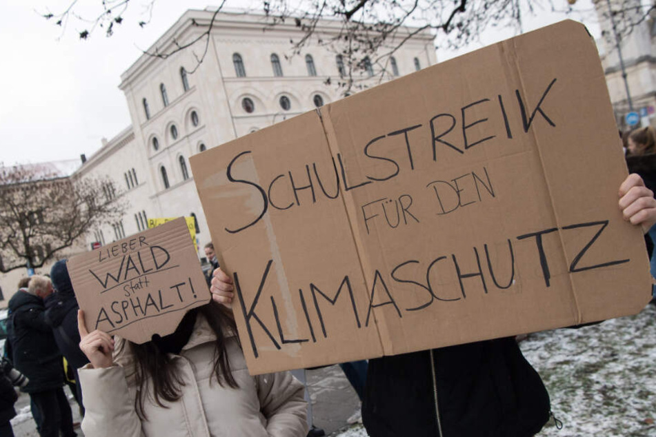 Schüler demonstrieren mit selbstgemalten Plakaten vor der Universität für den Klimaschutz.