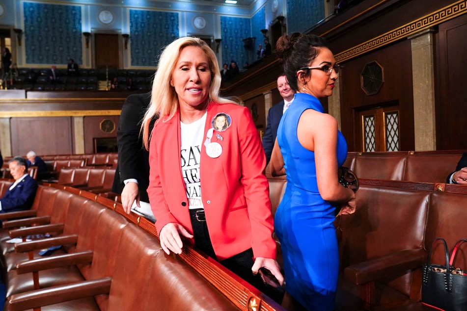Fellow MAGA Congresswomen Marjorie Taylor Greene (l.) and Lauren Boebert had an awkward run-in during the State of the Union address on March 7.