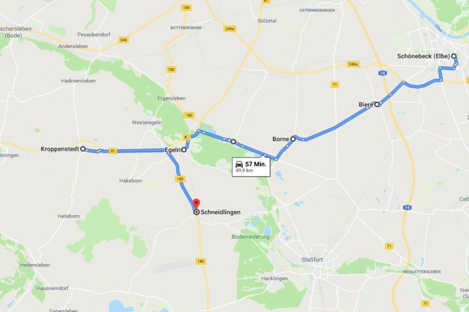Die Strecke der Verfolgungsjagd von Schönebeck bis Schneidlingen.