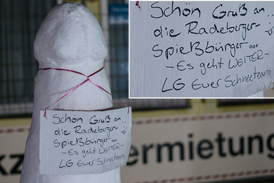 "Schönen Gruß an die Radeberger Spießbürger" - Das Schneeteam hat sich wieder am Schnee bedient und ein eisiges Kunstwerk erschaffen.