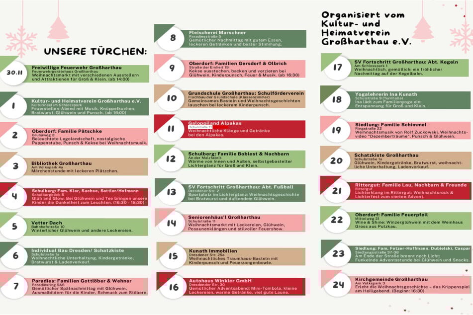 Vom 30. November bis 24. Dezember öffnet sich in Großharthau jeden Abend zwischen 17 und 19 Uhr ein neues Türchen.