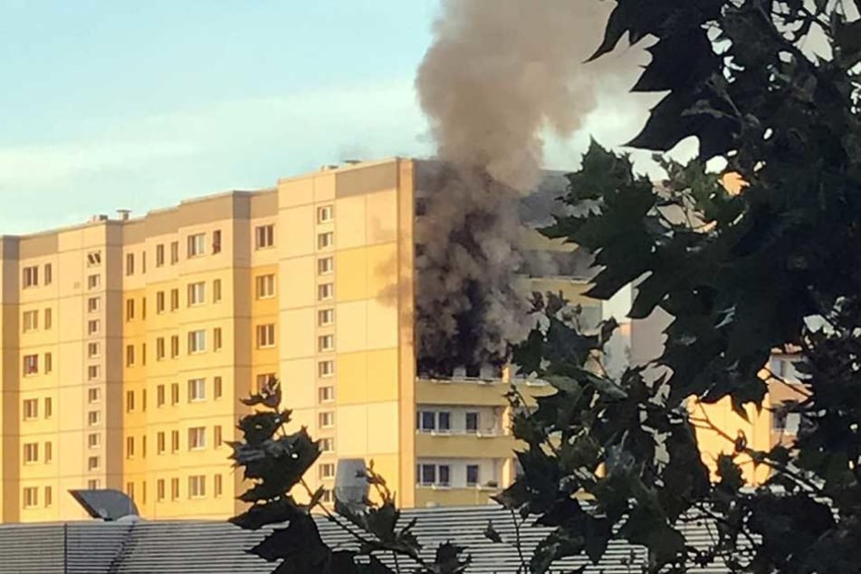 Dichter Qualm dringt aus der brennenden Wohnung in der achten Etage.