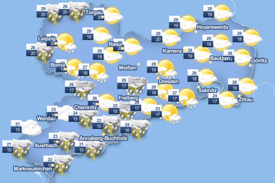 Zwar wird es sommerlich warm, gleichzeitig meldet der Deutsche Wetterdienst jedoch starke Gewitter und unwetterartige Entwicklungen für Sonntag.