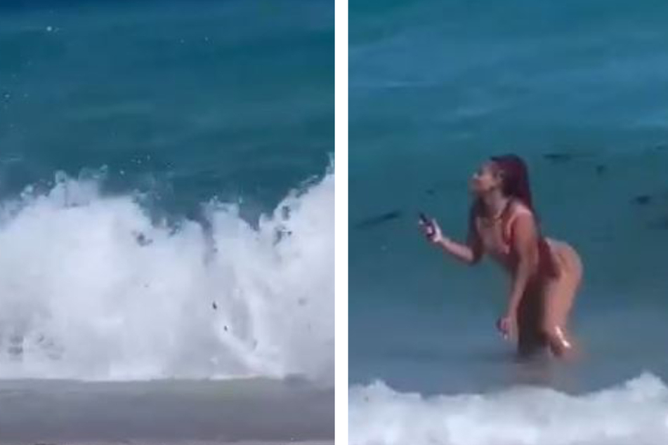 Frau will sexy Selfie vor dem Meer machen, dann erlebt sie eine feuchte Überraschung
