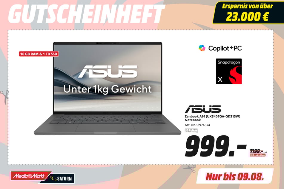 Asus-Notebook Zenbook A14 (UX3407QA-QD313W) für 999 statt 1.199 Euro.