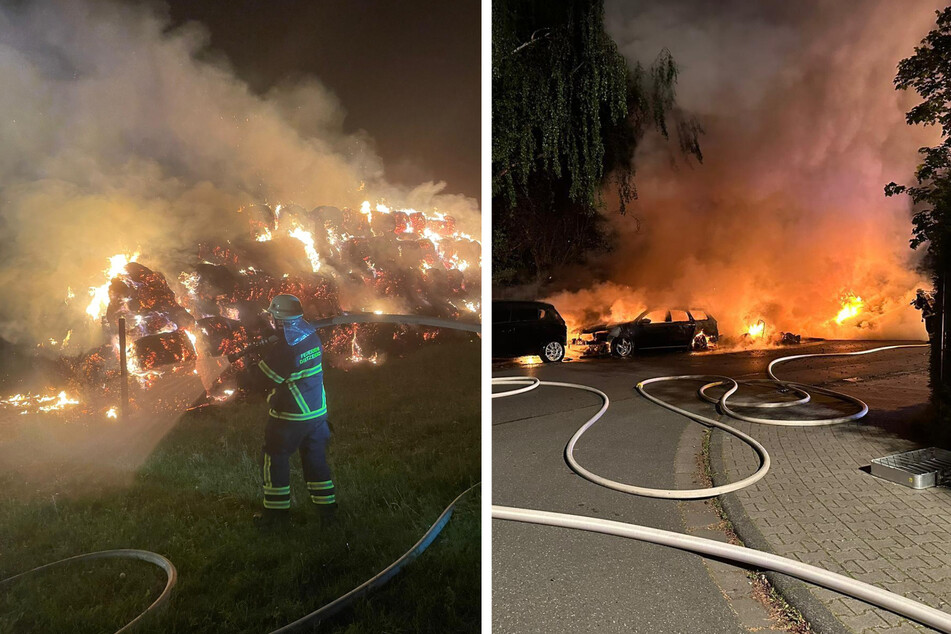 Insgesamt brannten vier Autos nahezu komplett aus. Zudem wurden der Feuerwehr rund 300 brennende Heuballen sowie ein lodernder Altpapiercontainer gemeldet.