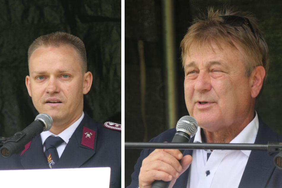 Leipzigs Ex-Polizeipräsident Bernd Merbitz (rechts) und Organisation Tommy Schmidt hielten Eröffnungsreden.