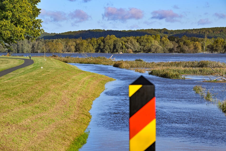 Die deutsch-polnische Grenzfluss Oder fließt an einem Poller vorbei.