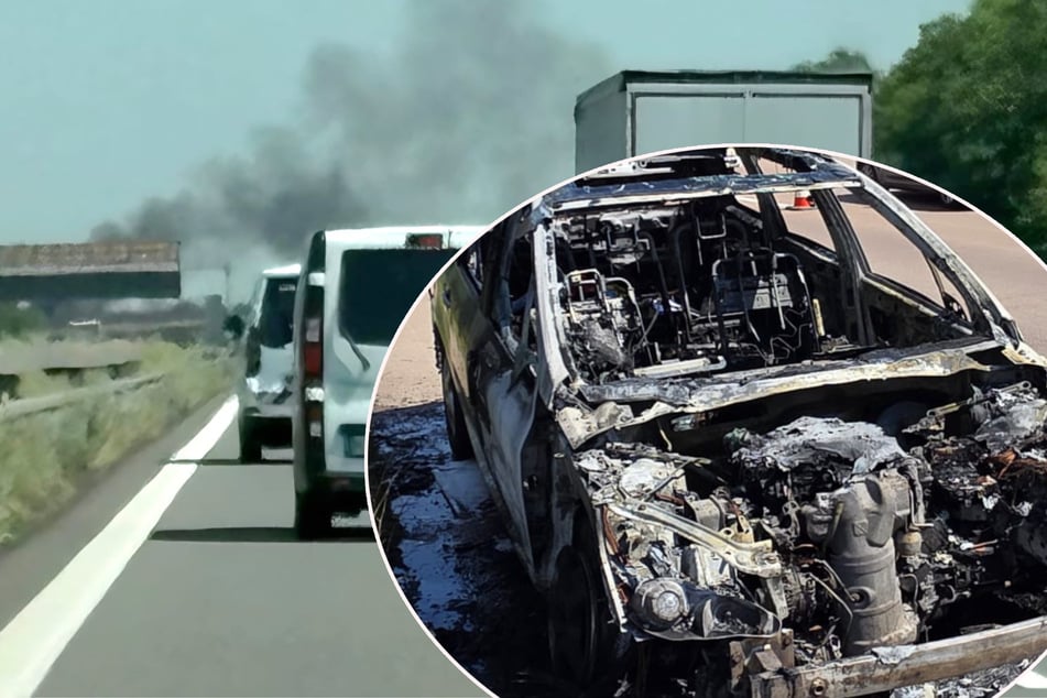 Unfall A14: Auto geht in Flammen auf: Dichter Rauch über der A14 bei Schkeuditz