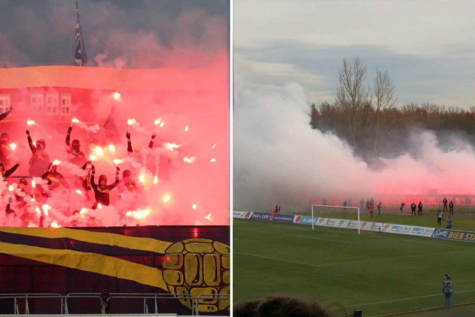 Die Fans von Lok (li.) und Chemie Leipzig (re.) sorgten mit mehreren Böller-"Choreos" für Aufsehen.