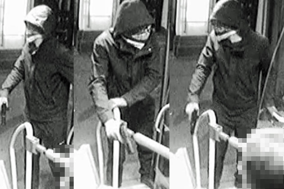 Die Montage zeigt drei Screenshots des Videos, mit dem die Polizei nach dem Täter fahndet.
