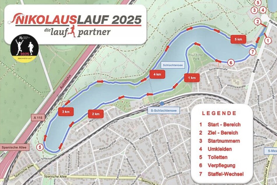 Die rund fünf Kilometer lange Strecke führt einmal um den Schlachtensee entlang.