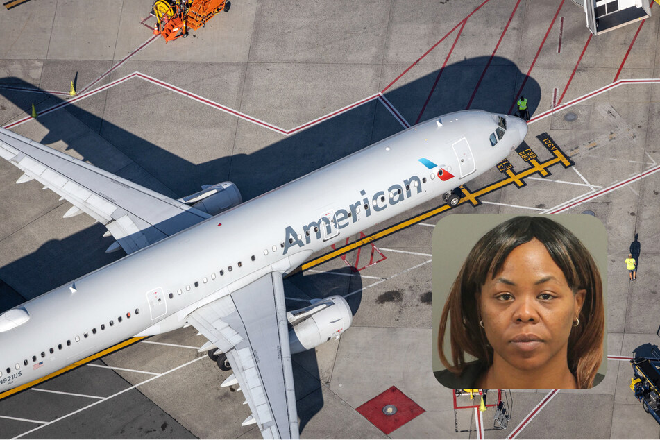 An American Airlines flight made an emergency landing after passenger Tiffany Michelle Miles (inset) became "unruly" and attempted to breach the plane's cockpit (stock image).