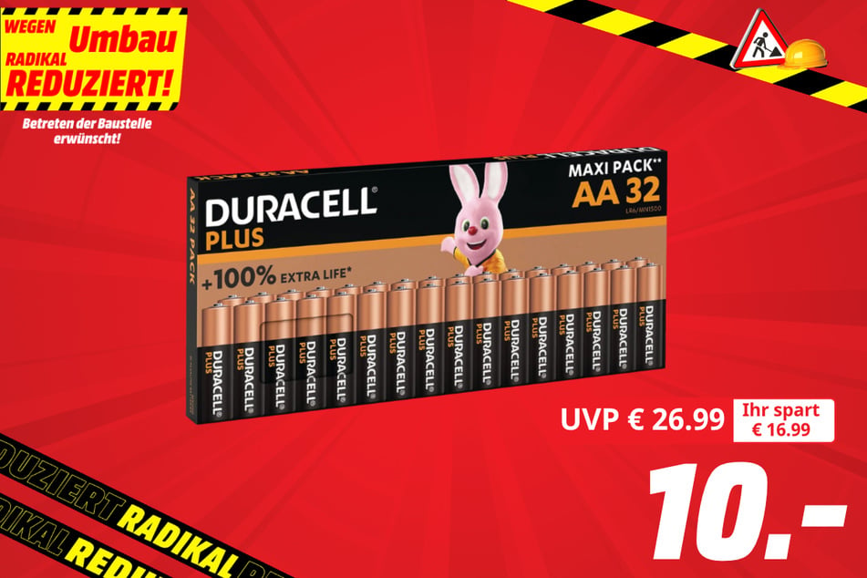 Duracell-Batterien Plus AA (32er Pack) für 10 statt 26,99 Euro.