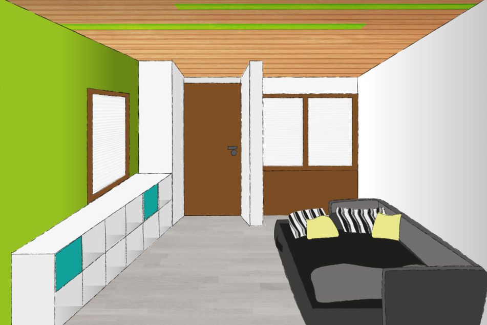 Die grellgrüne Wand sowie die beiden ebenfalls grellgrünen Holzbalken an der Decke könnten etwaigen Hinweisgebern gegebenenfalls auffallen.