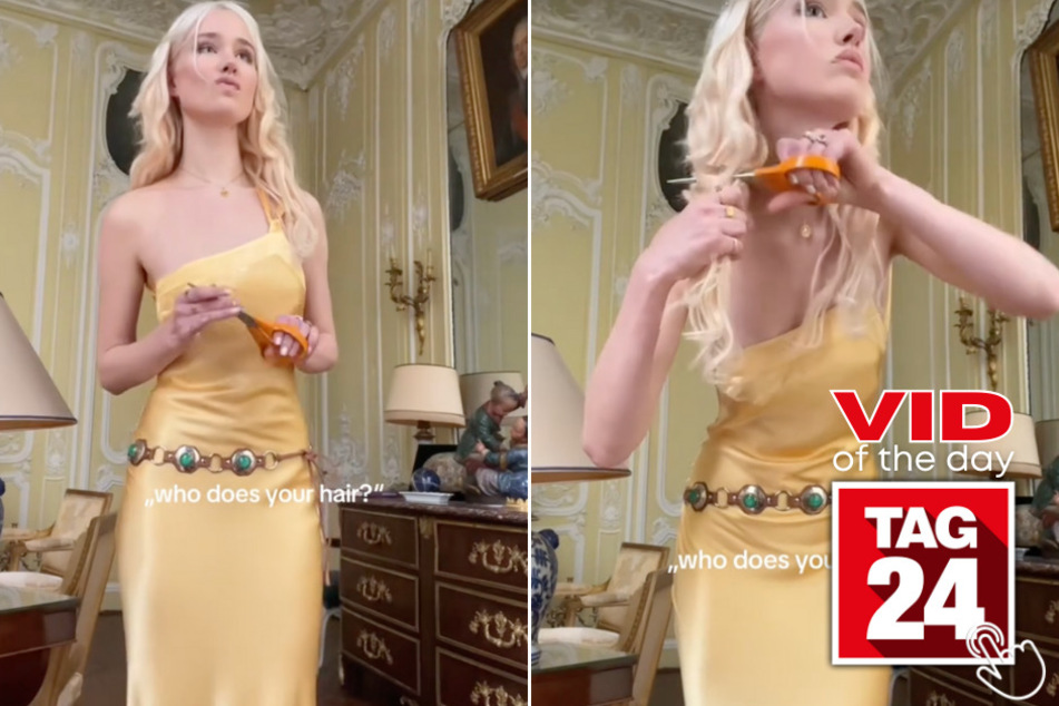 Today's Viral Video of the Day features a girl who spontaneously grabs a pair of scissors to make her hair match her dress better.
