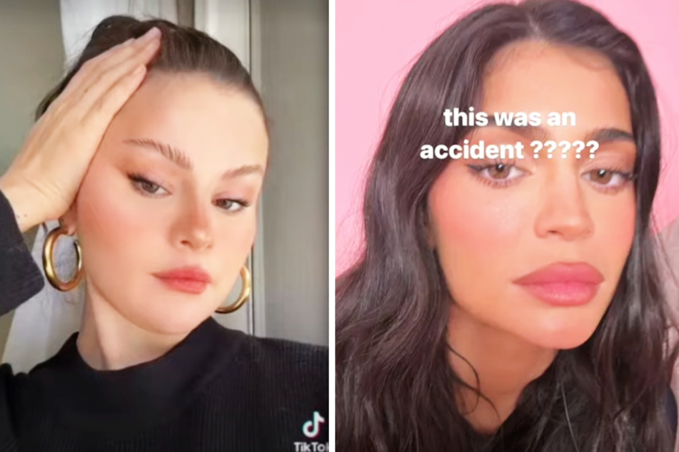 Selena Gomez (30, l.) nannte ihr Augenbrauen-Umstyling einen Unfall. Wenige Stunden später meldete sich Kylie Jenner (25) in einer Story und fragte mit einem Text über ihren eigenen Augenbrauen: "Das war ein Unfall?"