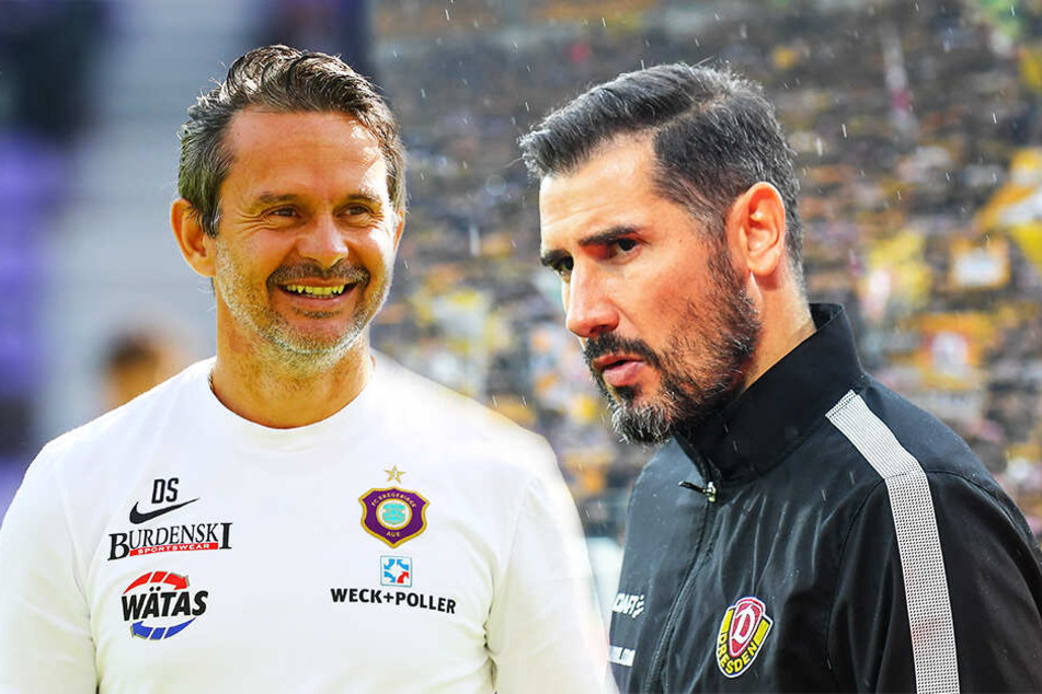 Während die Laune beim FC Erzgebirge Aue und Trainer Dirk Schuster (l.) gut ist, ist die Stimmung bei Dynamo Dresden und Coach Cristian Fiel schlecht.