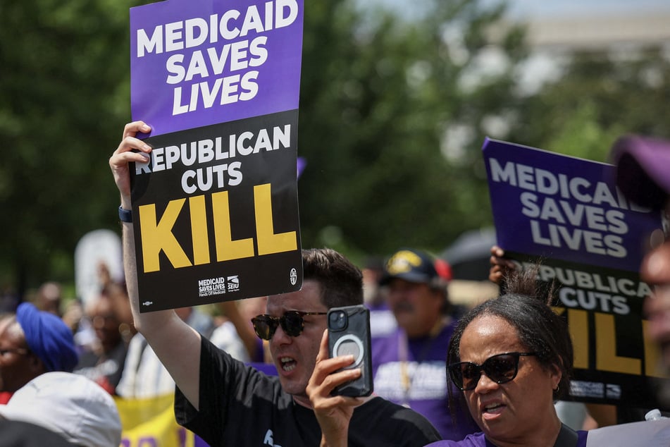 Care workers with the Service Employees International Union rally against Medicaid cuts outside the US Capitol on June 26, 2025.