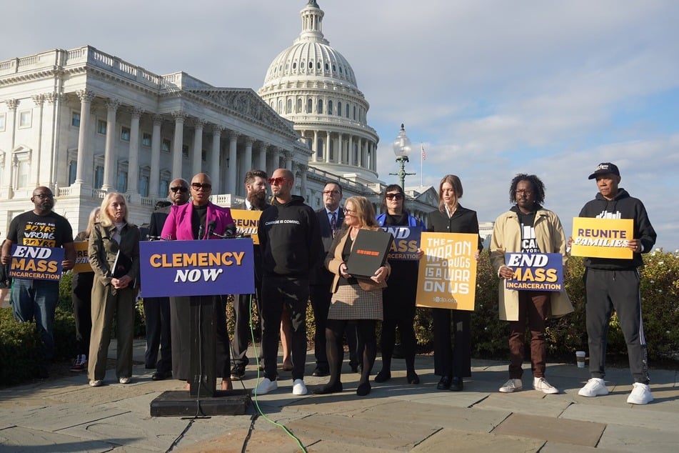 Representative Ayanna Pressley urges President Joe Biden to exercise his executive clemency authority in a news conference on Capitol Hill on November 20, 2024.