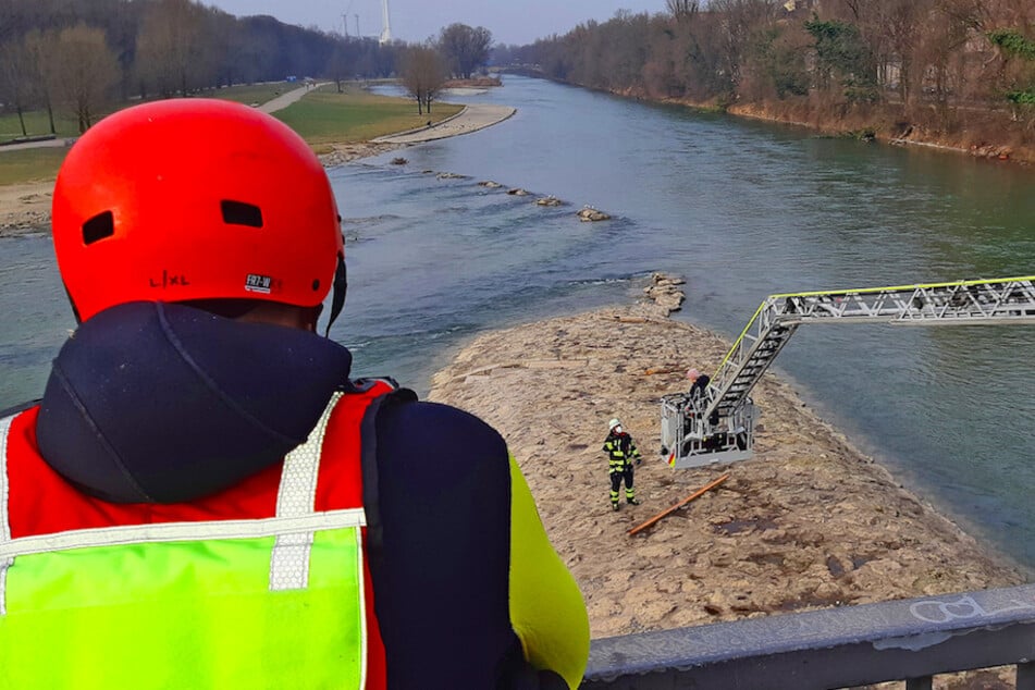 Mit einer Drehleiter konnten die Frau und ihr Hund wieder an Land gebracht werden.