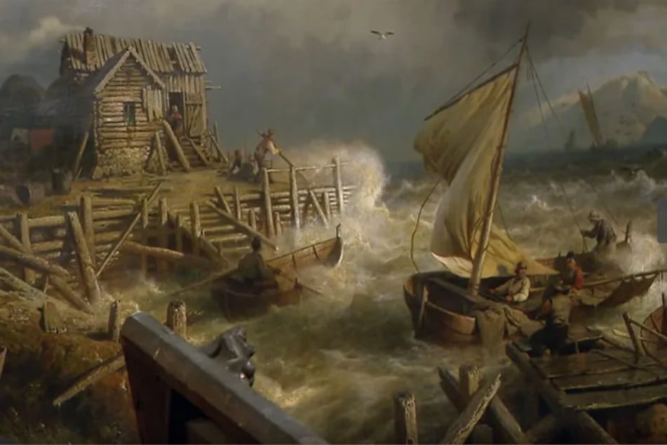 Das Gemälde von H. O. Herzog zeigt eine Szene mit wilden Wellen und schwankenden Booten, die sich wohl in den norwegischen Fjorden abspielt.