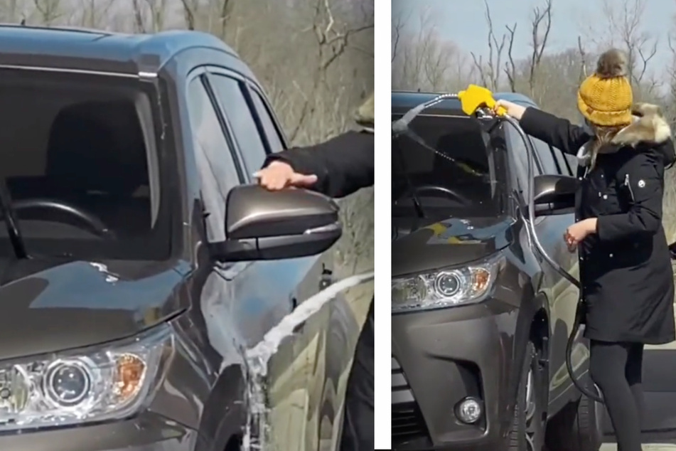 Onlookers scrambled to stop a lady washing her car with petrol.