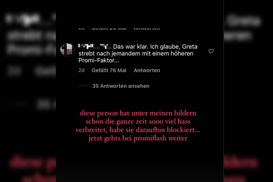 Das Bild zeigt einen Screenshot der Instagram-Story, mit der Greta Engelfried (22) einen der gegen sie gerichteten Läster-Kommentare herausstellte und ihrerseits kommentierte.