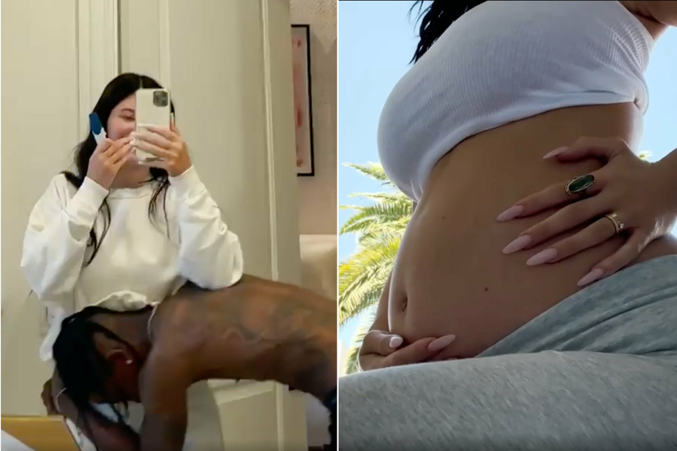 Kylie and Travis celebrating after the positive pregnancy test.