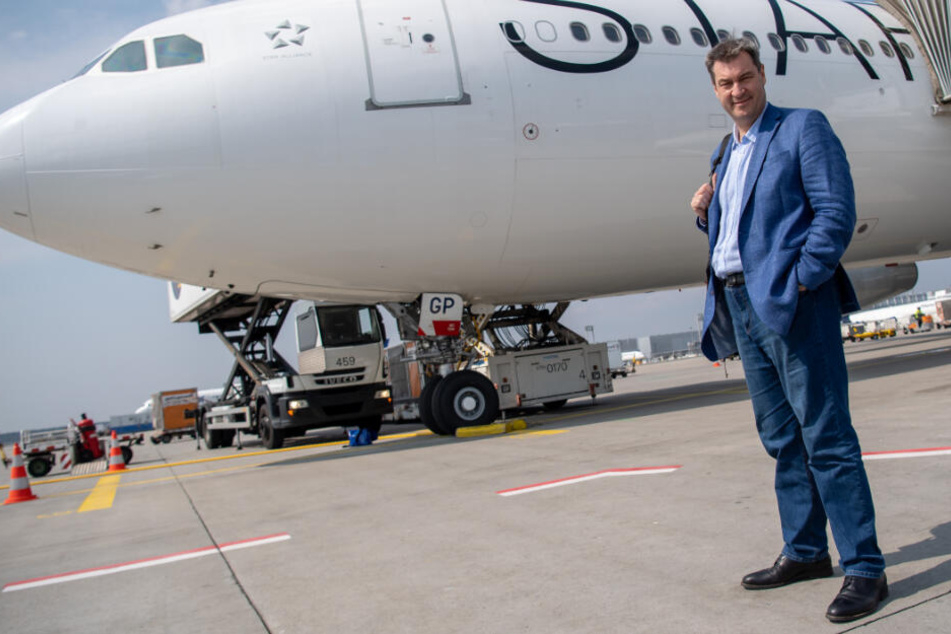 Markus Söder (CSU) startet auf dem Flughafen Frankfurt am Main zu seiner erste große Auslandsreise nach Äthiopien.