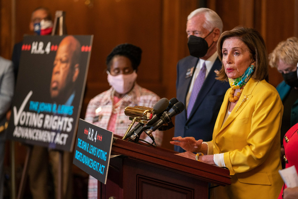 House Speaker Nancy Pelosi and fellow Democrats speak after the House passed the John Lewis Voting Rights Advancement Act.