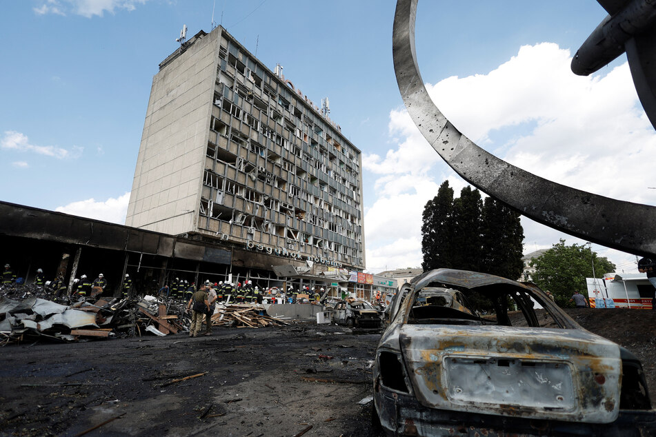 An office building in Vinnytsia was damaged by rockets and then gutted by a fire.