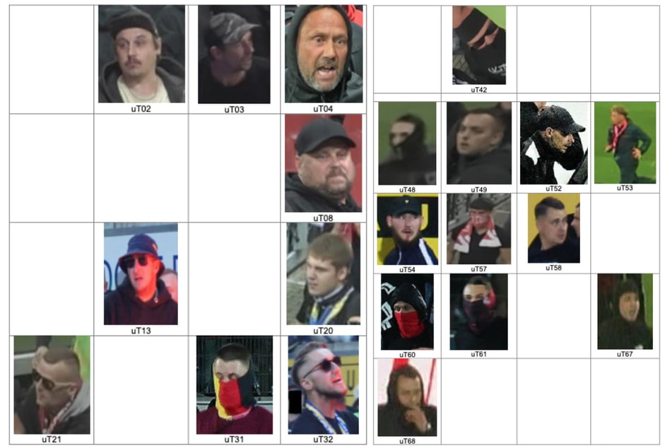 Die Polizei hat die Gesichter der Tatverdächtigen veröffentlicht. Die weißen Kästen stehen für bereits ermittelte Personen.