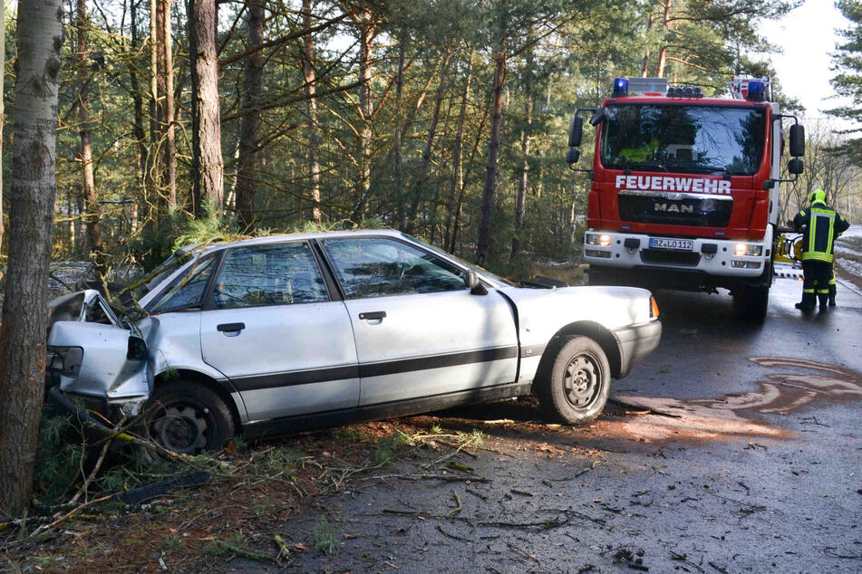 Der Wagen stoppte letztlich an einem Baum, der den Kofferraum zerstörte.