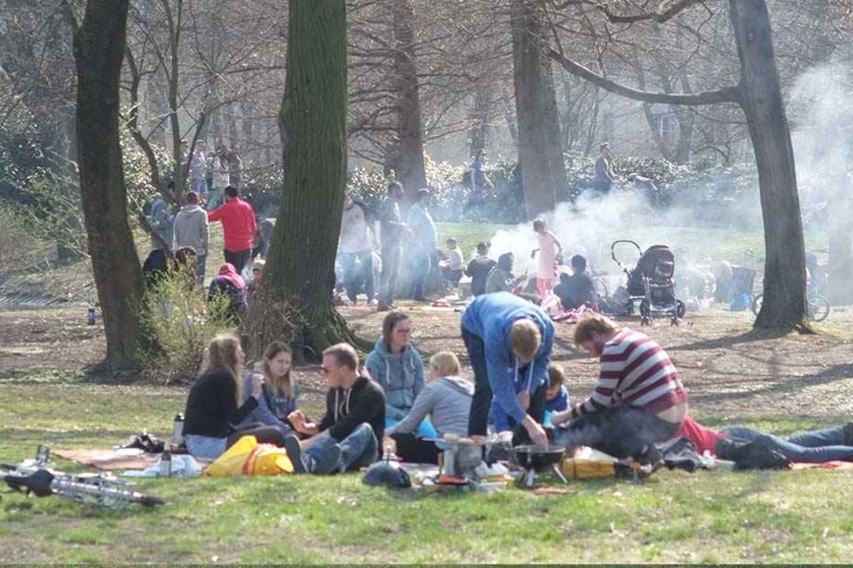 Dichter Qualm über der Schloßteichinsel: Massen von Grill-Fans verwandelten das Areal in eine Räucherei.