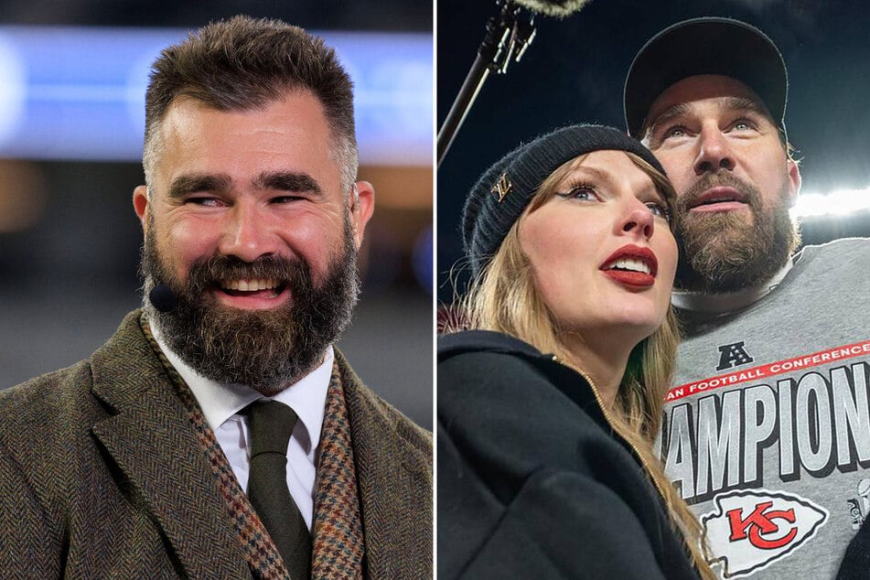 Jason Kelce (l.) dished on the "staggering" changes he's seen in his brother Travis (r.) since the Kansas City Chiefs star began dating Taylor Swift.