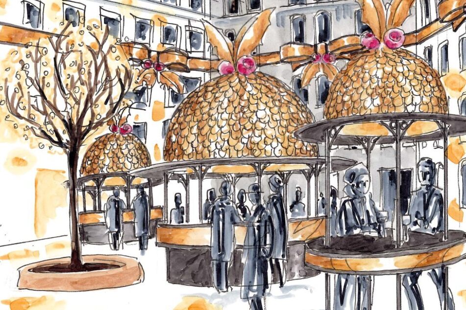 Spezielle Rundhütten mit Kupferdächern sind mit eines der Highlights des neuen Weihnachtsmarktes "Marché de Nöel".