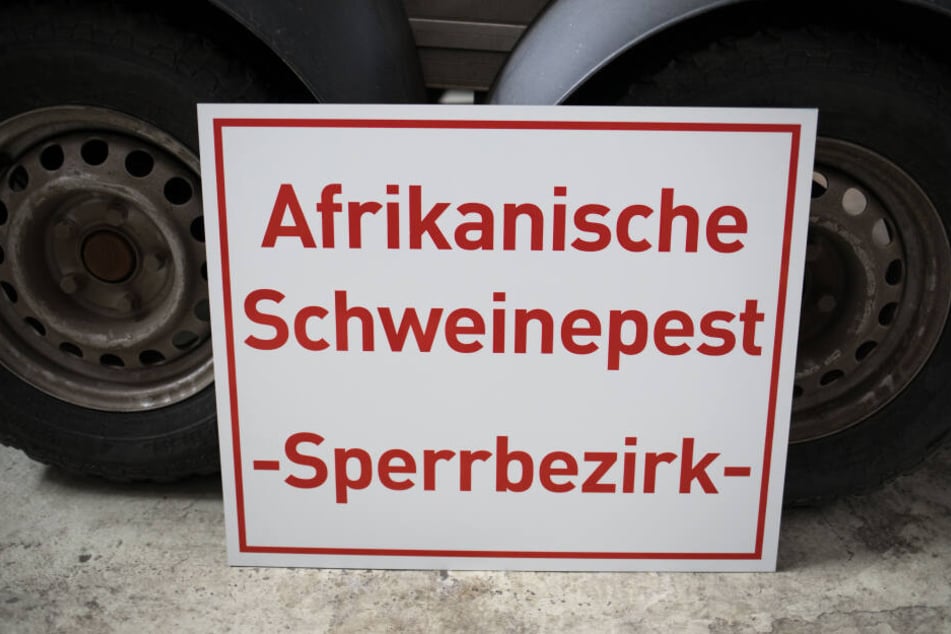 Ein Schild mit der Aufschrift "Afrikanische Schweinepest - Sperrbezirk- " steht bei einem Rundgang durch das hessische Zentrallager für Tierseuchenbekämpfungsmaterial an einen Tieranhänger gelehnt.