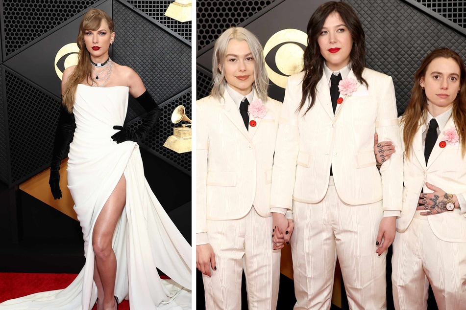 Taylor Swift (l.), and the band boygenius – made up of Phoebe Bridgers, Julien Baker, and Lucy Dacus – all rocked stark icy white on the Grammys red carpet this year.
