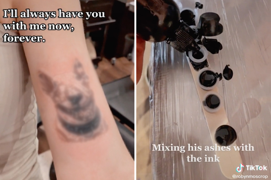 Woman levels up commemorative tattoo by adding dog's ashes into ink