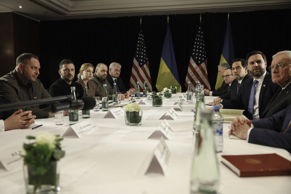 US Vice President JD Vance, Secretary of State Marco Rubio, Ukrainian President Volodymyr Zelensky, Deputy Prime Minister Olha Stefanishyna, and Defense Minister Rustem Umerov attend a bilateral meeting on the sidelines of the Munich Security Conference on February 14, 2025.