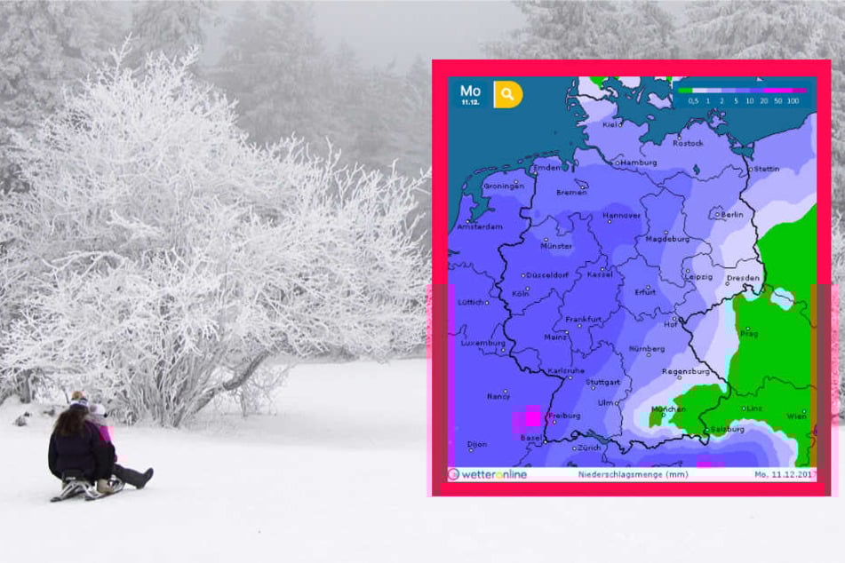 Am Sonntag konnte im Taunus ausgiebig gerodelt werden. Für den Montag jedoch kündigt wetteronline.de (Grafik) Regen an.