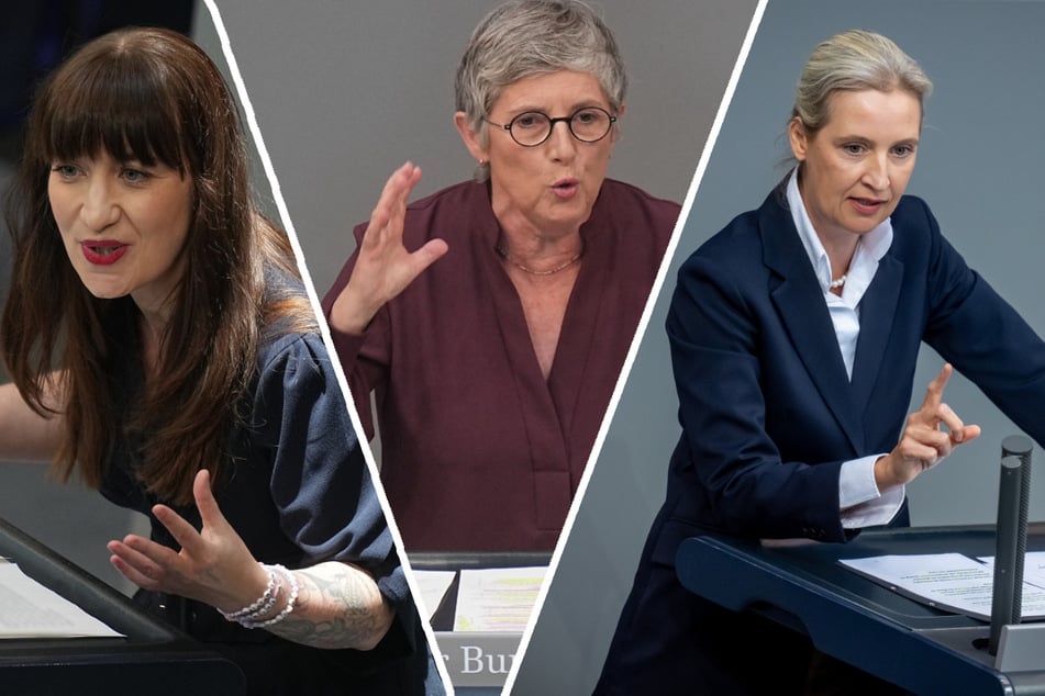 Teilten kräftig aus: Heidi Reichinnek (37, Die Linke, v.l.), Britta Haßelmann (63, Grüne) und Alice Weidel (46, AfD).
