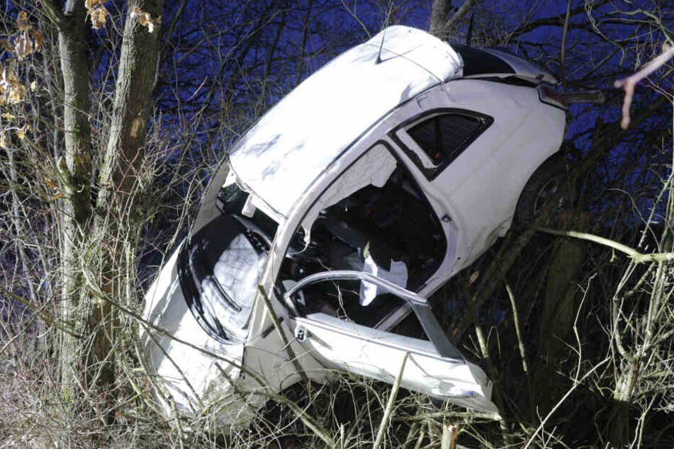 Das Auto landete in Bäumen, nachdem es von der Straße abgekommen war.