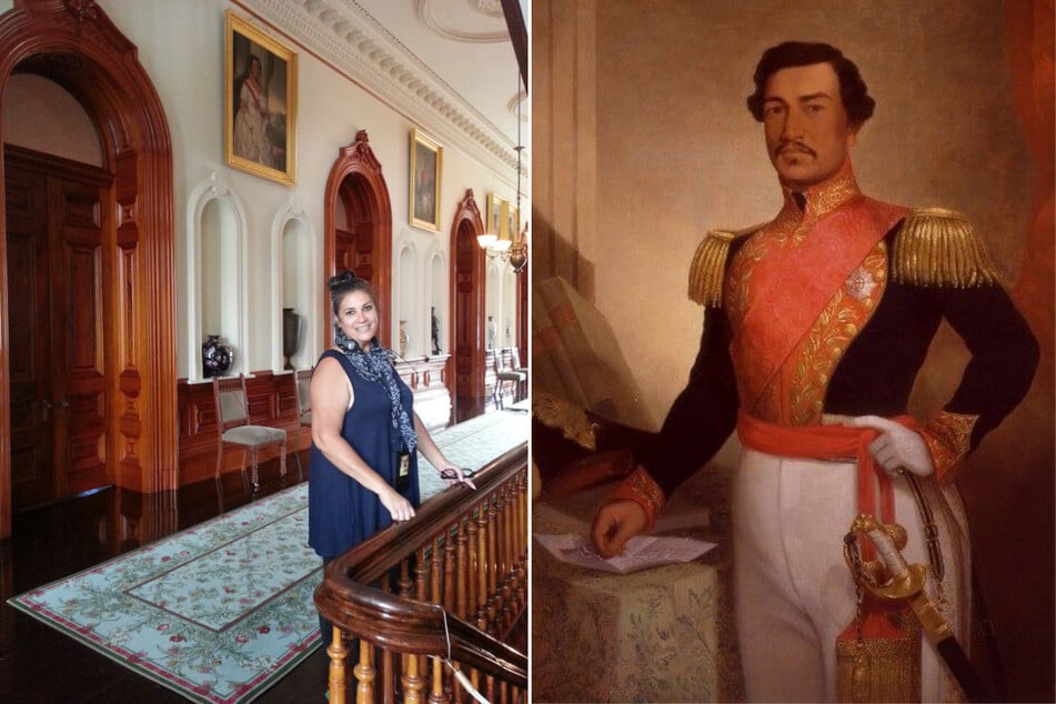 Routh Bolomet (l.) is pictured inside Iolani Palace in Honolulu alongside portraits of her ancestor, the Hawaiian Kingdom's Queen Kalama, and King Kamehameha III (r.).