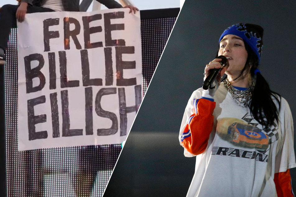 A man in Los Angeles climbed the KTLA news tower and held a sign that read "FREE BILLIE EILISH."