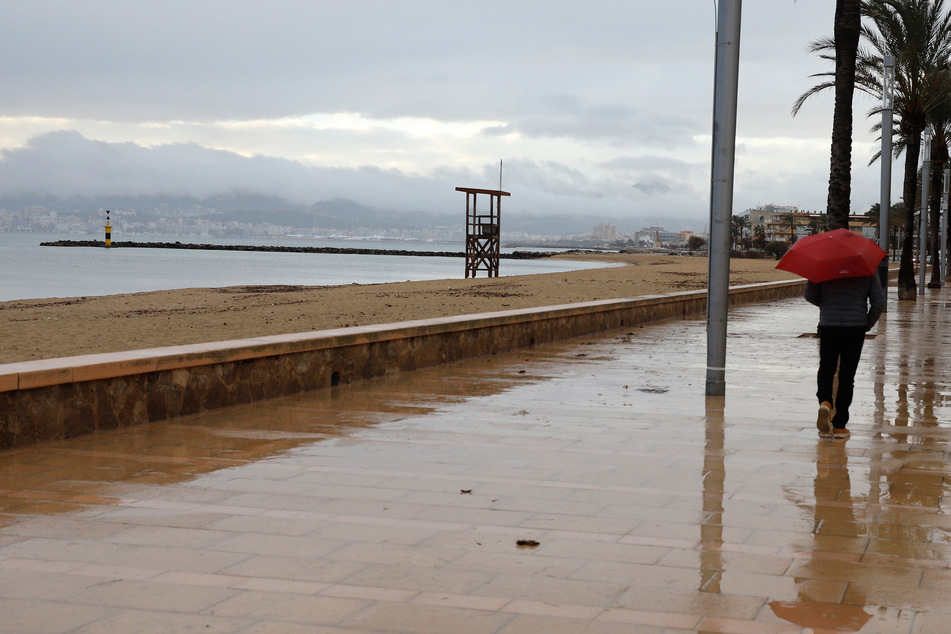 Ein Mann spaziert mit einem Regenschirm am Strand von Palma entlang. Mallorca leidet unter der hohen Zahl der Corona-Neuinfektionen.