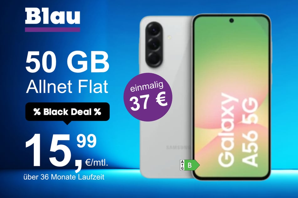 Das Samsung Galaxy A56 5G im Blau Allnet XL für einmalig 37 Euro.